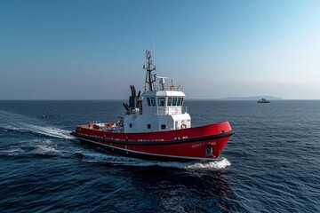 Tranquil Seascape Vibrant Red and White Tugboat Sailing, Coastal Maritime Adventure, Serene Nautical Journey on Blue Water - Commercial, Editorial, Decor