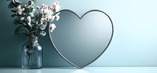 A heart shaped mirror on a blue background with a vase of white flowers.