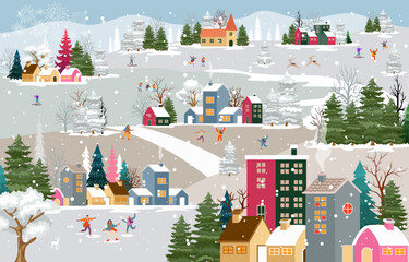 Winter season landscape illustration with snowing with people having fun doing outdoor activities