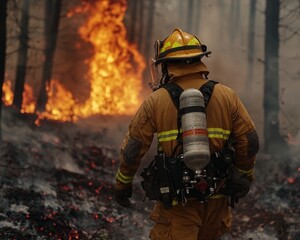Naklejka premium Brave Firefighter Battling Forest Flames - Heroic Rescue Mission in Blazing Inferno