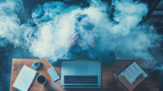 A businessman is stressed and overwhelmed at his desk. He is holding his head in his hands and there is smoke swirling around him.. AI Generation