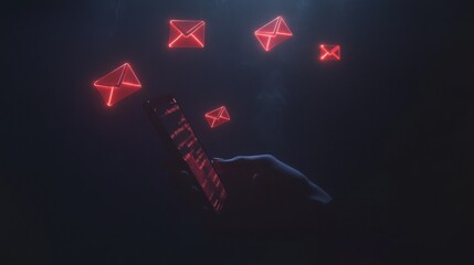 A hand holds a smartphone with red glowing email icons floating above it. This image represents communication and connectivity in the digital age.