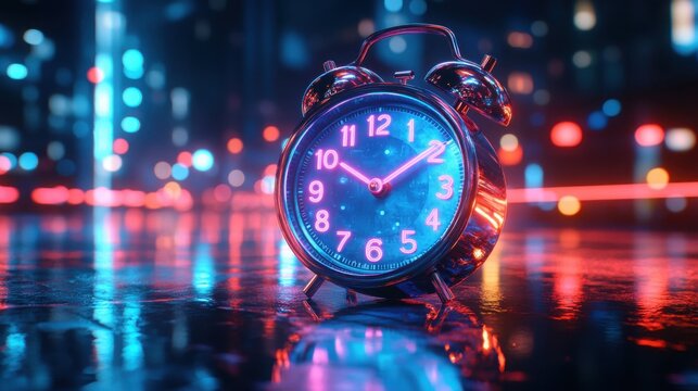 A classic alarm clock sits on a reflective surface bathed in neon light. The time is just after 12 o'clock, making it the perfect time to start the day. - Powered by Adobe