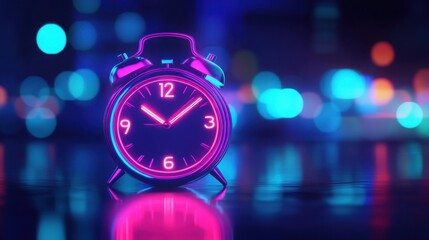 A classic alarm clock glows in vibrant pink neon light against a backdrop of blurred city lights.