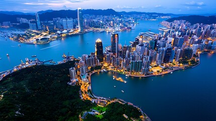 Fototapeta premium Hong Kong at dusk, cradled by mountains, watches over its glowing harbor.