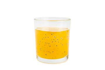 Diet detox cocktail with basil and chia seeds in glass jar and glass isolated on white background. Drink with seeds. Health food. Detox cocktail. Antioxidant. Water with basil.