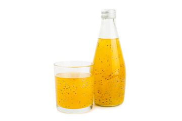 Diet detox cocktail with basil and chia seeds in glass jar and glass isolated on white background....