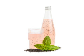 Diet detox cocktail with basil and chia seeds in glass jar and glass isolated on white background....