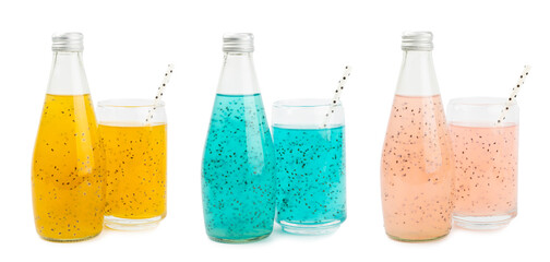 Diet detox cocktail with basil and chia seeds in glass jar and glass isolated on white background....
