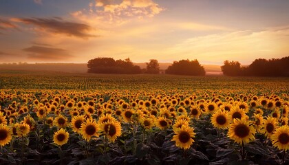 Fototapeta premium serene sunflower fields at dawn or dusk