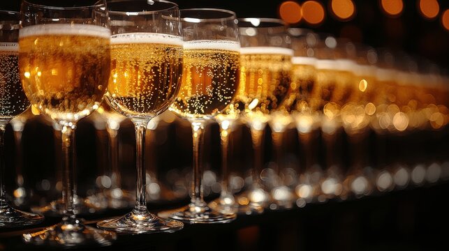 A row of elegant wine glasses filled with sparkling golden liquid displayed against a blurred background of warm lights