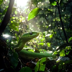 Fototapeta premium Green snake resting among lush foliage in serene forest setting