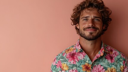 A young man with curly hair and a floral shirt smiles against a soft peach backdrop, creating a warm and welcoming visual aesthetic that inspires joy.