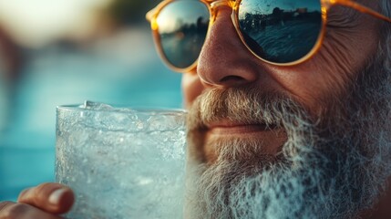 A relaxed senior gentleman in stylish sunglasses is enjoying a cold, refreshing drink by the poolside, embodying leisure and refreshing relaxation on a sunny day.