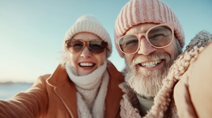 An elderly couple in matching winter hats and sunglasses laugh joyously in the snow, their expressions full of warmth and contentment as they embrace the cold season.