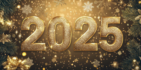  Text illustration in gold color “2025”, on a gold background, coniferous branches, Christmas tree decorations, minimalistic style. Advertising banner.