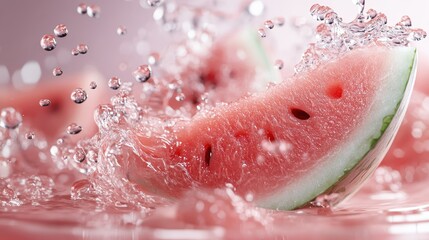 A vibrant watermelon slice causes a dynamic splash in water, capturing droplets mid-air and showcasing the freshness and energy encapsulated in summer fruits.