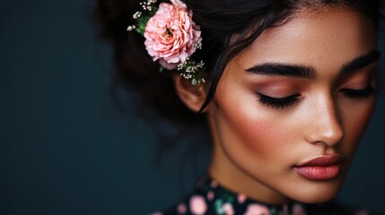 Naklejka premium A stunning portrait of a woman with a pink flower in her hair, showcasing elegant makeup and detailed floral details against a contrasting dark background.