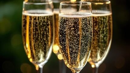 Celebratory champagne flutes filled with bubbly beverage during an elegant evening gathering outdoors at sunset