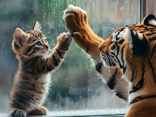 Cat and tiger interacting through a glass window.