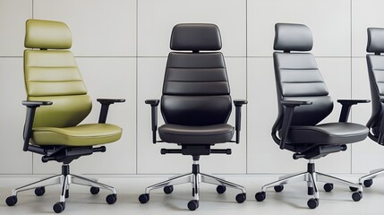 Modern Office Chairs with Headrest  Black and Green Leather  White Background