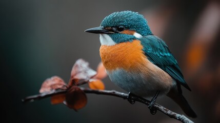 Obraz premium A vivid bird showcasing its striking plumage stands gracefully on a twig, its colors dazzling against a subtle background, symbolizing nature’s artistry.