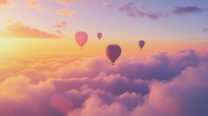 Fototapeta premium Multiple Hot Air Balloons Floating Gently Above The Clouds At Sunrise, The Sky With Warm Hues Of Orange, Pink, And Purple