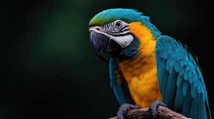 Obraz premium A majestic parrot stands proudly, its rich colorful plumage offering a stunning display of contrast and texture, celebrating colorful expressions of nature.