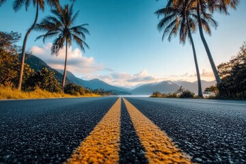 A picturesque tropical road with towering palm trees and distant mountains at sunrise, capturing the serene essence of morning tranquility and wanderlust.