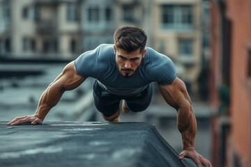 Fitness model doing a powerful workout on a rooftop gym, demonstrating commitment and power.A man is currently doing push ups on top of a tall building roof
