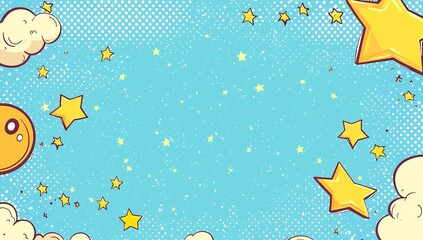 Blue background with yellow stars and comic-style speech bubbles, cartoon...