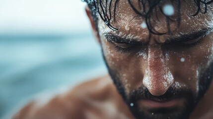 A dramatic close-up showing the intense look on a man's face as water droplets and rain trickle down, capturing raw emotion and determination.