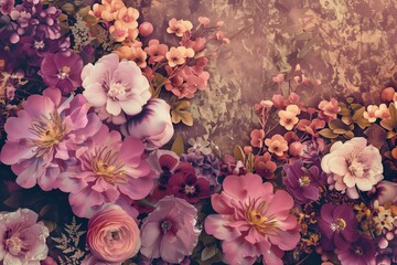 A colorful bouquet of flowers with a brown background
