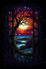 Fototapeta premium Artistic window scene with vibrant sunset and tree design for t-shirt print 