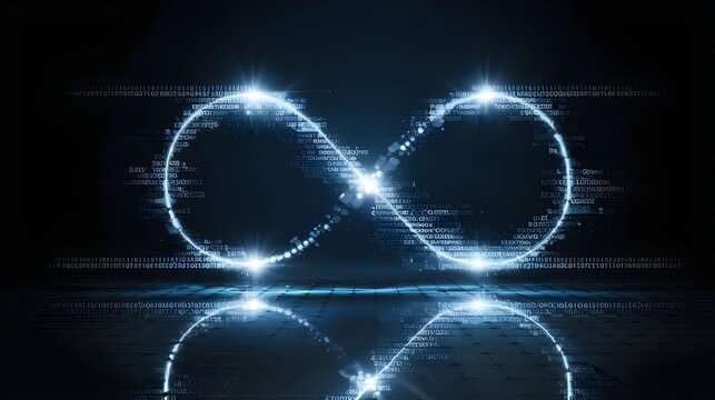 Futuristic Infinity Symbol with Digital Code and Glowing Light