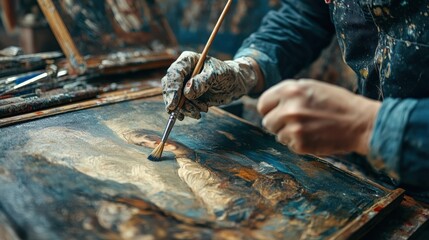 An art restorer is meticulously working on an ancient painting, applying delicate brush strokes to reveal its original colors and details in a workshop dedicated to heritage conservation