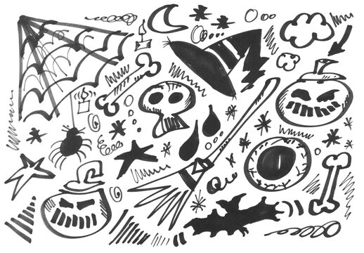 Doodle halloween symbols, black felt tip pen isolated on white