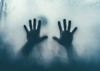 Blur Trap Person Hand Emerging from Fog: Creepy Halloween Atmosphere. Spooky Scare and Ghostly Presence. Eerie Silence. Fear. Depression. Sadness.