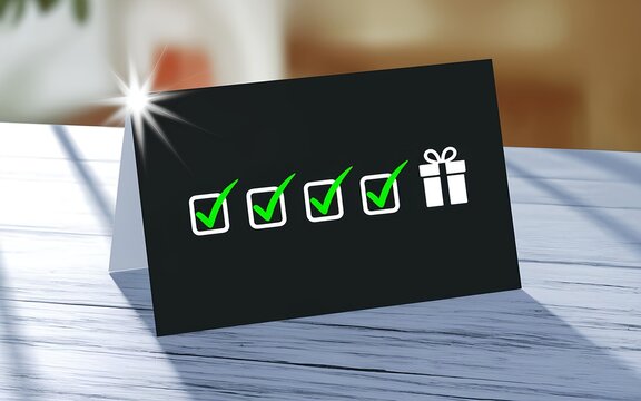 Black loyalty reward card with green checkmark and gift box