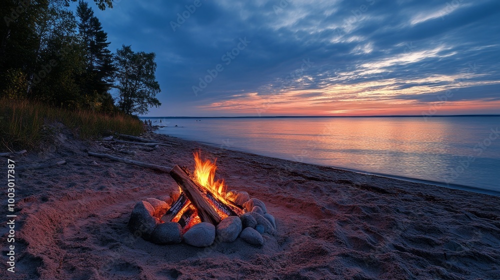Poster a fire is burning in a circle of logs on a beach