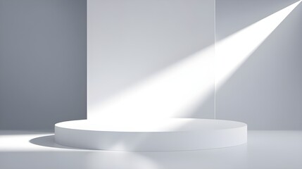Minimalist White Product Display Platform with Spotlight and Gray Wall Background