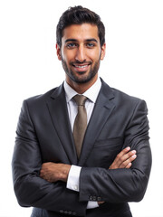 portrait of a Middle Eastern businessman standing confidently with arms crossed in front of a plain white background