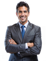 portrait of a Hispanic businessman standing confidently against a white background