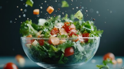An enticing shot of a salad, with ingredients like lettuce, cherry tomatoes, cucumbers in a glass bowl, all captured in a lively moment of tossing.