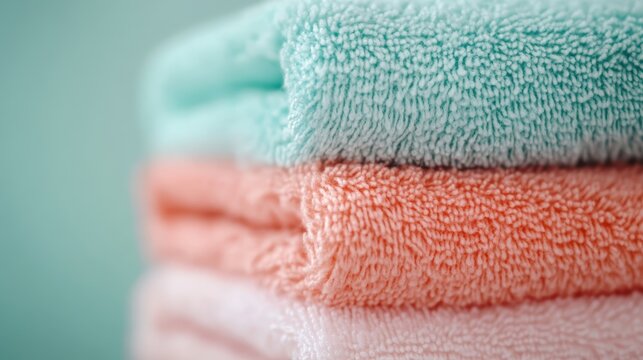 Soft and soothing pastel towels in green, orange, and pink stacked neatly, projecting a serene and inviting vibe ideal for enhancing any tranquil bathroom setting.