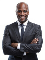 confident African businessman in a well-tailored dark suit, standing against a clean white background