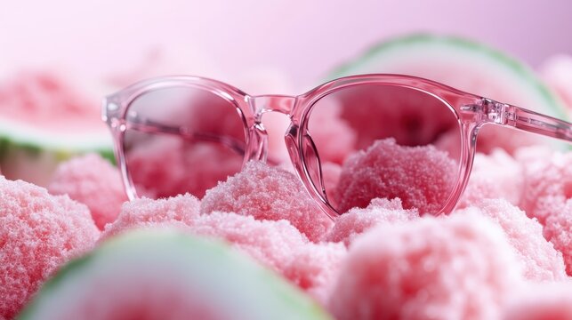 Artful arrangement of pink snow and watermelon slices, adorned with glasses, evoking a playful, refreshing theme amidst an imaginative, surreal setting.