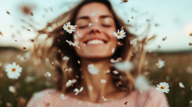 A smiling woman enjoys the serene beauty of a meadow, with delicate daisies fluttering around her, capturing the essence of happiness and nature's purity.