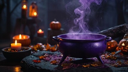 Halloween Purple Cauldron with Glowing Potion and Smoke