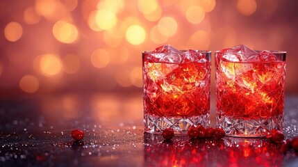 Two glasses filled with vibrant red cocktails on a dark surface with a sparkling bokeh background during a festive evening